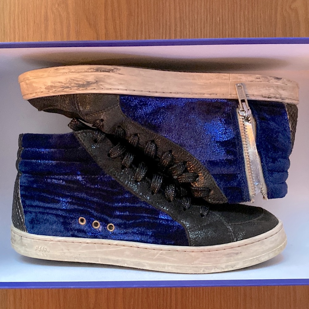 P448 blue velvet high top mid top sneakers black gold 37